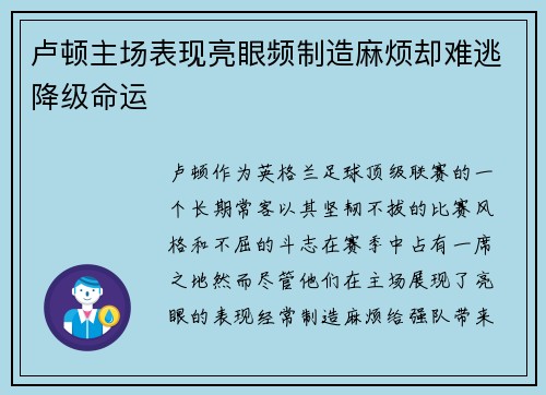 卢顿主场表现亮眼频制造麻烦却难逃降级命运